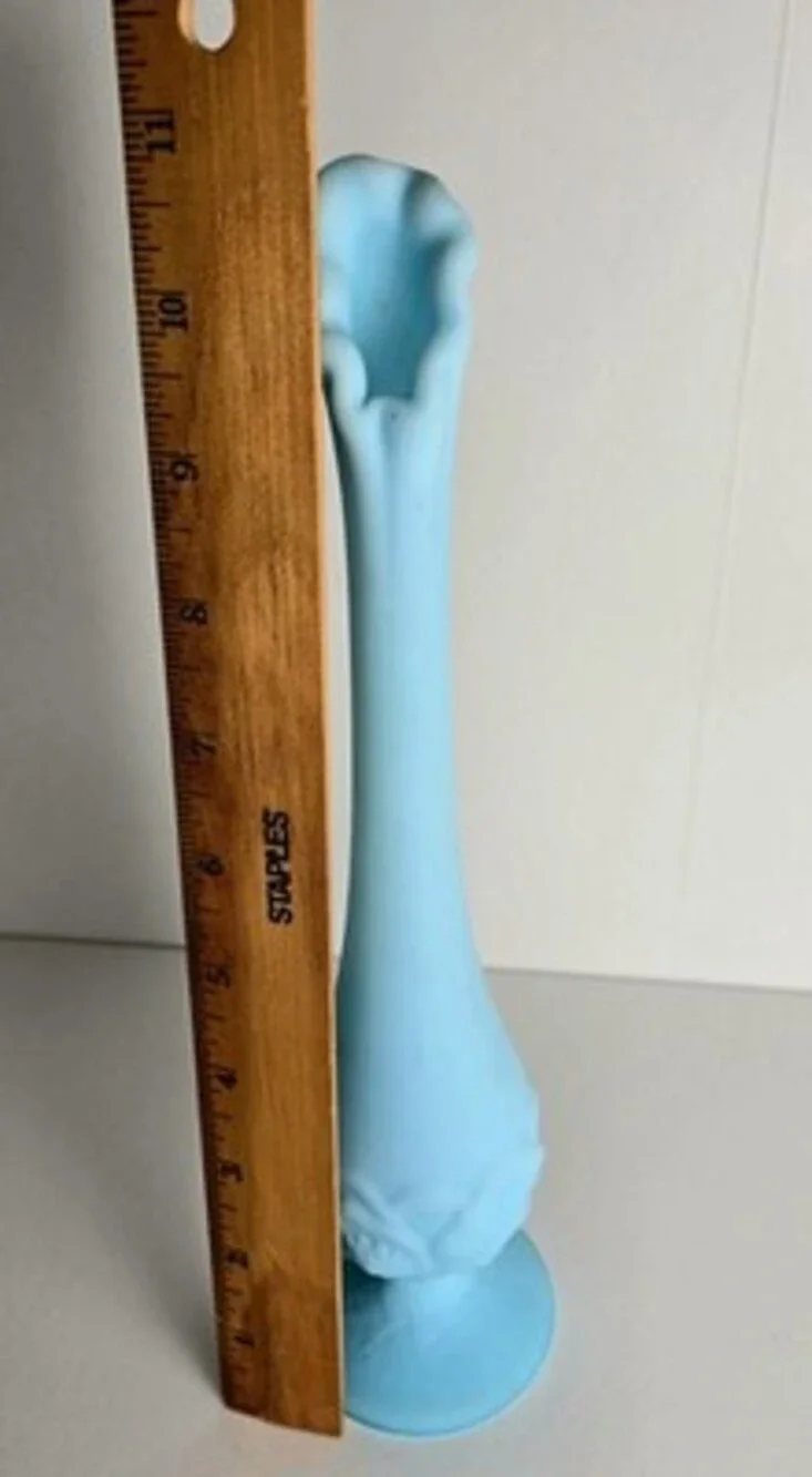 Fenton Blue Satin Swung Bud Vase 10.75
